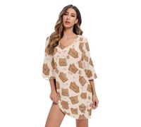 Carino orecchie di gatto scatole di cartone beige elegante scollo a V abito manica 3/4 stampato abito swing S-XXL, Simpatiche orecchie di gatto scatole di cartone beige, XL