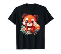 Carino Panda Rosso Con Fiori Arte Maglietta