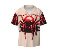 Carino Piccolo Ragno Rosso Uomo Colletto Cuban Manica Corta Button Down - Casual Beach Resort Vacanza Camicia, nero, M-5XL