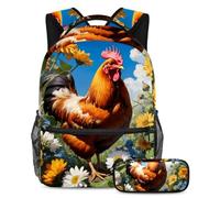 Carino pollo e fiore iniziano l'anno scolastico giusto con questo set di 2 zaini per bambini, include borsa per libri e astuccio, Multicolore, B：29.4x20x40cm P：19x7.5x3.8cm, Zaini Daypack