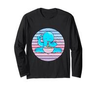 Carino Polpo Mangiare Ramen Noodles Retro Tramonto Divertente Maglia a Manica