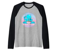 Carino Polpo Mangiare Ramen Noodles Retro Tramonto Divertente Maglia con Maniche Raglan