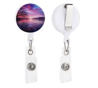 Carino porta badge infermiera retrattile con clip a coccodrillo viola tramonto sull'acqua ID badge clip per ufficio, dottore, infermiere