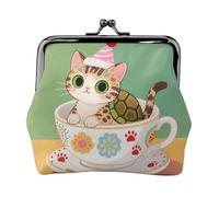 Carino Pu Leather Coin Purse per le donne PU cuoio cambiamento borsa con bacio serratura chiusura, piccolo portafoglio, Cartone animato gatto sulla tazza, One Size, Cartoni