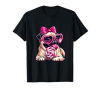 Carino Pug con Cuore Occhiali da Sole Bow San Valentino Cane Mamma Donna Maglietta