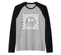 Carino Retro Felice Divertente Bianco Sorriso Faccia A Scacchi Maglia con Maniche Raglan