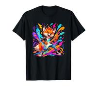 Carino Rock Fox Che Suona la Chitarra elettrica Colori Splash Maglietta