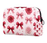 Carino San Valentino Fiocco e Rose Modello Piccola Borsa per il Trucco per le Donne Sacchetto di Immagazzinaggio Cosmetico con Cerniera Accessori di Belle, Multicolore 01, 18.5x7.5x13cm/7.3x3x5.1in
