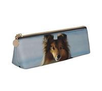 Carino Shetland Cane Stampa Astuccio In Pelle Astuccio Penna Triangolo Portatile Matita Sacchetto Con Cerniera Per Ufficio, bianco, Taglia unica