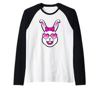 Carino Sorridente Coniglietto Felice Faccia con Occhiali da Sole Rosa e Un Fiocco Maglia con Maniche Raglan