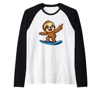 Carino Surfing Bradipo Divertente Cartone Animato Animale su tavola da Surf Maglia con Maniche Raglan