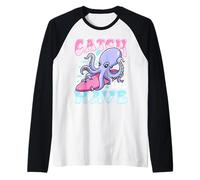 Carino Surfing Octopus Cattura l'onda Spiaggia Estate Maglia con Maniche Raglan