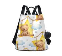 Carino Teddy Bear Stars Zaino giallo, pannello frontale stampato e tasca principale posteriore con zip, manici in pelle cinghie morbide per
