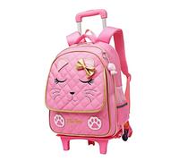 Carino Zaino Rotolante per Ragazze Trolley Borse Scuola Cat-face Stampa Zaini Ruote Bambini Bagaglio da Viaggio a mano, 6 Ruote Rosa, L, Only Rolling Zaino