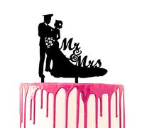 CARISPIBET Cake Topper groom in uniform hugging bride holding flower bouquet Mr & Mrs script on the side acrylic silhouette