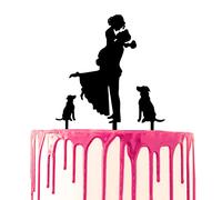 CARISPIBET cake toppers groom surprises bride with flower bouquet acrylic silhouette cake decoration (Groom picks up bride with two dogs)