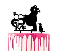 CARISPIBET Decorazione per torta nuziale, lo sposo raccoglie la sposa e la bacia Mr & Mrs script accanto al cane come pezzo opzionale