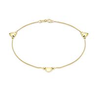 CARISSIMA Cavigliera da donna in oro giallo 9 ct con tre ciondoli a cuore su catena box, 26 cm