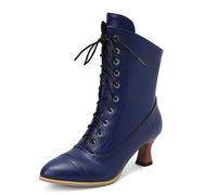 Carkuolary Womens Vintage Cordoncino Calf Length Victorian Stivali Pelle sintetica tacco a coda Steampunk Gotico Stivali per donne Ragazze Le signore Blu Numero 39