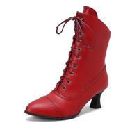 Carkuolary Womens Vintage Cordoncino Calf Length Victorian Stivali Pelle sintetica tacco a coda Steampunk Gotico Stivali per donne Ragazze Le signore rosso Numero 41