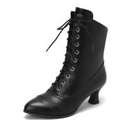 Carkuolary Womens Vintage Cordoncino Calf Length Victorian Stivali Pelle sintetica tacco a coda Steampunk Gotico Stivali per donne Ragazze Le signore nero Numero 35
