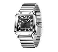 CARLIEN Orologio da polso unisex, classico, quadrato, numeri romani, argento, analogico, impermeabile, cinturino in acciaio inox, visualizzazione della data, orologio da polso casual, Argento e nero