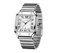 CARLIEN Orologio da polso unisex, classico, quadrato, numeri romani, argento, analogico, impermeabile, cinturino in acciaio inox, visualizzazione della data, orologio da polso casual, Argento Bianco