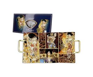 Carmani - Rettangolare quadrato in vetro stampato, Vassoio con manico con Gustav Klimt 'Il bacio' dipinto 39.7x24.8cm
