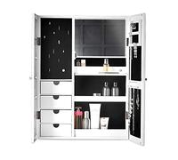 CARME Harper - Armadietto per gioielli bianco, da appendere alla parete o poggiare su un mobile, con specchio e luci LED, organizer per trucchi con cassetti portaoggetti