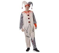 Carnavalife Costume da clown spaventoso per adulti, con cappello da giullare ed effetto sangue, costume da arlecchino bianco e nero da uomo, per Halloween, pagliaccio sanguinante con cappello, da uomo