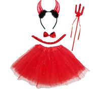 Carnavalife Costume diavolo diavolo demone bambina donna, costume Halloween ragazza, costume diavolo Halloween, fascia diavola+fiocco+coda+gonna tutu+tridente diavolo (30 cm/bambino, rosso