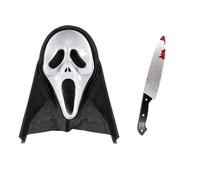 Carnavalife Maschera da fantasma bianca per Halloween, per adulti, costume da assassino da slasher con cappuccio, spaventoso volto horror, per feste cosplay (maschera con coltello)