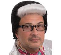 CARNEVALE HALLOWEEN PARRUCCA E OCCHHIALI MALGIOGLIO NERA CON CIUFFO BIANCO 02743