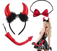 Carnival Devil Costume Set mit Teufels Hörnern, Schwanz, Schleife & Rote Satin Handschuhe - 4-teilig, für Kinder und Erwachsene, Einheitsgröße, Rot