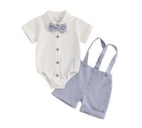 Carolilly 2 Pezzi Completino Gentiluomo Neonato Set Coordinato Estivo Tuta Neonato Maschio a Quadri Camicia Maniche Corte con Bowknot Neonato + Pantaloncini con Bretelle (Blu Scuro, 6-9 Months)