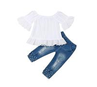 Carolilly 2 Pezzi Completo Bambina Maglietta Bianca in Pizzo a Maniche Corte+Pantaloni in Denim con Perline Tuta Bambina Casual Vestito Bambina alla Moda Estivo
