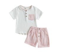 Carolilly 2Pz Completino Bambino Set Elegante Coordinato Estivo a Strisce Tuta Neonato Maschio Camicia Manica Corta Maglietta Estiva con Bottoni+Pantaloncini Bambino Spiaggia (Rosa, 3-4 Years)