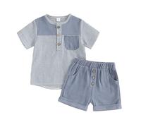 Carolilly 2Pz Completino Bambino Set Elegante Coordinato Estivo a Strisce Tuta Neonato Maschio Camicia Manica Corta Maglietta Estiva con Bottoni+Pantaloncini Bambino Spiaggia (Blu, 3-4 Years)