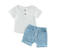 Carolilly 2Pz Completino Bambino Set Elegante Coordinato Estivo a Strisce Tuta Neonato Maschio Camicia Manica Corta Maglietta Estiva con Bottoni+Pantaloncini Bambino Spiaggia (Bianco, 18-24 Months)