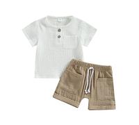 Carolilly 2Pz Completino Bambino Set Elegante Coordinato Estivo a Strisce Tuta Neonato Maschio Camicia Manica Corta Maglietta Estiva con Bottoni+Pantaloncini Bambino Spiaggia (Marrone, 6-12 Months)