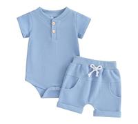 Carolilly 2Pz Completino Neonato Maschio Set Coordinato Estivo Tuta Pagliaccetto Maniche Corte con Bottoni Body Estiva + Pantaloncini (Blu, 9-12 Months)