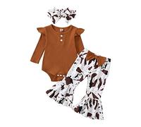 Carolilly 3 Pezzi Completo Neonata Autunno Tutina Maniche Lunghe+Pantaloni Svasati Stampa Leopardata/Mucca+Fascia Tuta Elegante per Bambina 0-12 Mesi (Khaki, 0-3 Months)