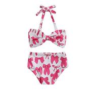 Carolilly Costume da Bagno Bambina 2 Pezzi Bikini Bambina Stampa Floreale Swimsuit Bikini Top con Bowknot+Pantaloncini da Bagno Swimsuit (Rosa Scuro, 3-4 Years)