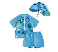 Carolilly Costume da bagno da bambino da 3 pezzi, con cerniera stampata a maniche corte + mutandine da bagno + cappello anti-UV (0-5 anni), azzurro, 12- 18 Mesi