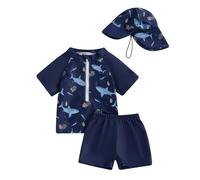 Carolilly Costume da bagno da bambino da 3 pezzi, con cerniera stampata a maniche corte + mutandine da bagno + cappello anti-UV (0-5 anni), Blu scuro, 12- 18 Mesi