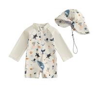 Carolilly Costume da Bagno Intero Bambino con Cerniera UV Manica Lunga Costume da Piscina da Bambino Swimsuit Protezione Solare UPF 50+ Swimwear+Cappello (Beige, 12-18 Months)