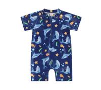 Carolilly Costume da Bagno Intero Bambino con Cerniera UV Maniche Corte Costume da Piscina da Neonato Maschio Swimsuit Protezione Solare UPF 50+ Swimsear Spiaggia Mare (Blu Scuro, 6-12 Months)