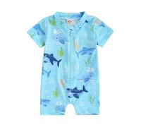 Carolilly Costume da Bagno Intero Bambino con Cerniera UV Maniche Corte Costume da Piscina da Neonato Maschio Swimsuit Protezione Solare UPF 50+ Swimsear Spiaggia Mare (Blu2, 6-12 Months)