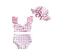 Carolilly Costume da Bagno Neonata 3 Pezzi Bikini Bambina Stampa Floreale Swimsuit Top con Maniche Volant+Pantaloncini da Bagno+Cappello da Bagno (Rosa Chiaro, 2-3 Years)