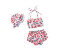 Carolilly Costume da Bagno Neonata 3 Pezzi Estivo Bikini Set Bambina Mare Spiaggia con Stampa Carino Top con Fiocco+Pantaloncini a Vita Alta + Cappello (Rosso, 12-18 Months)